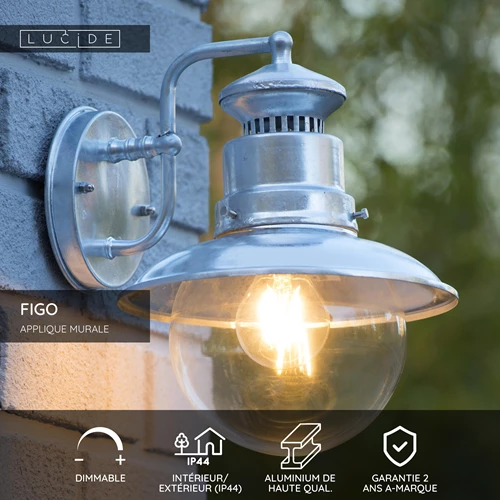 Lucide FIGO - Applique murale Intérieur/Extérieur - Ø 21,5 cm - 1xE27 - IP44 - Zinc - USP